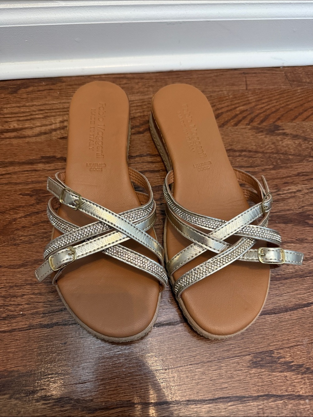 Italian Metallic Gold Crisscross Buckle Slide Sandals